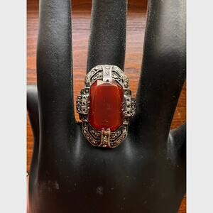 Art Deco carnelian marcasite ring sterling silver Germany vintage romantic Goth